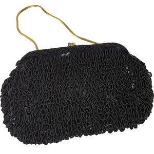Vintage Flapper Beaded Black Beaded Purse Hong Kong Hand Made Gold Chain  10"x6"